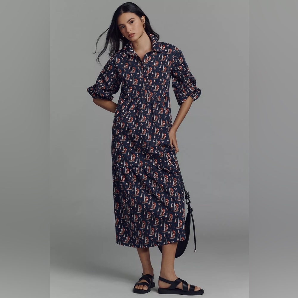 Anthropologie Maeve The Bettina Tiered Midi Dress Sailboat Print Size S - Picture 3 of 13